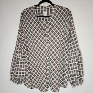 Chico's Puckered Green Plaid Billow-Sleeve Button Blouse Size 4 XXL 20/22